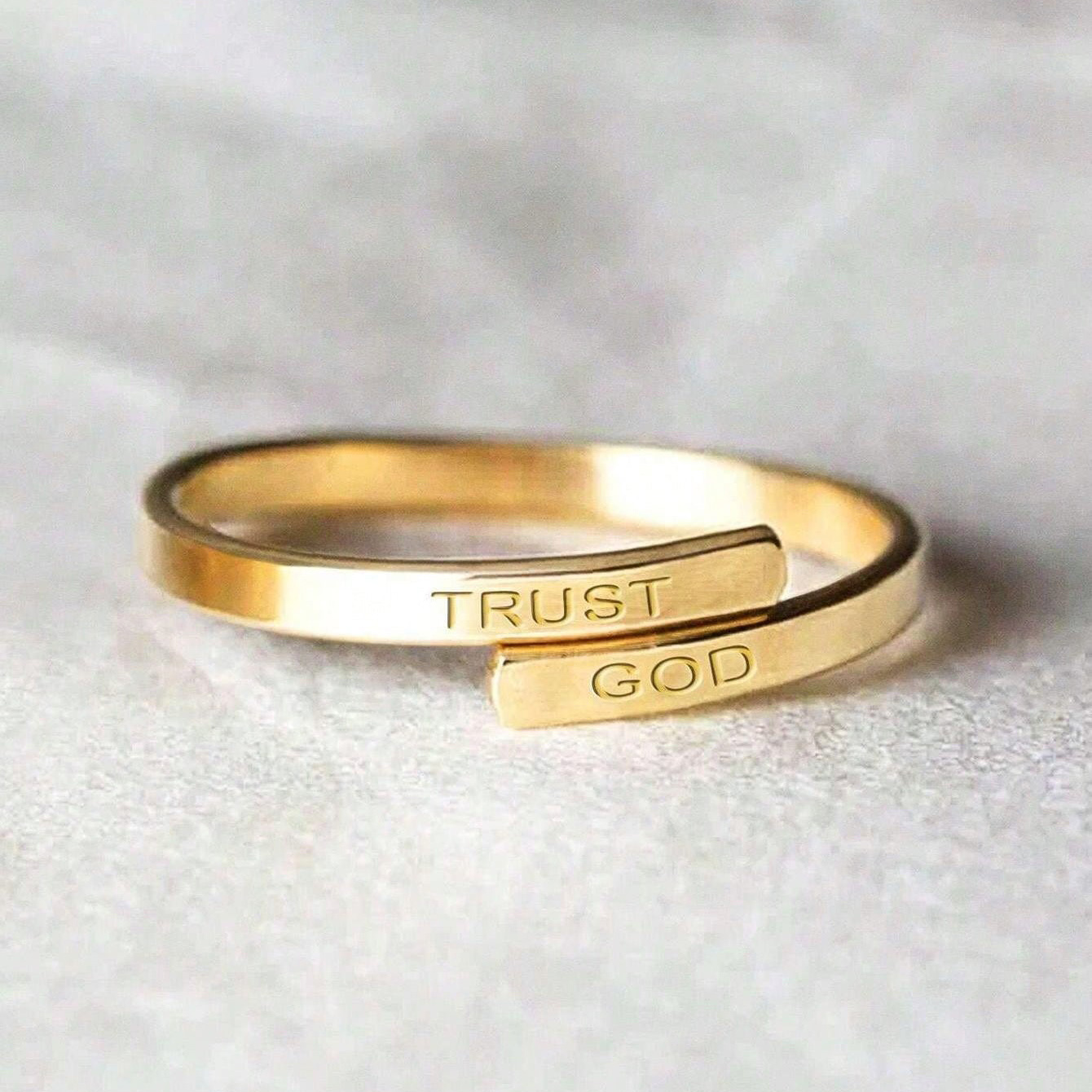 Stainless Steel Open Ring with TRUST GOD Engraving